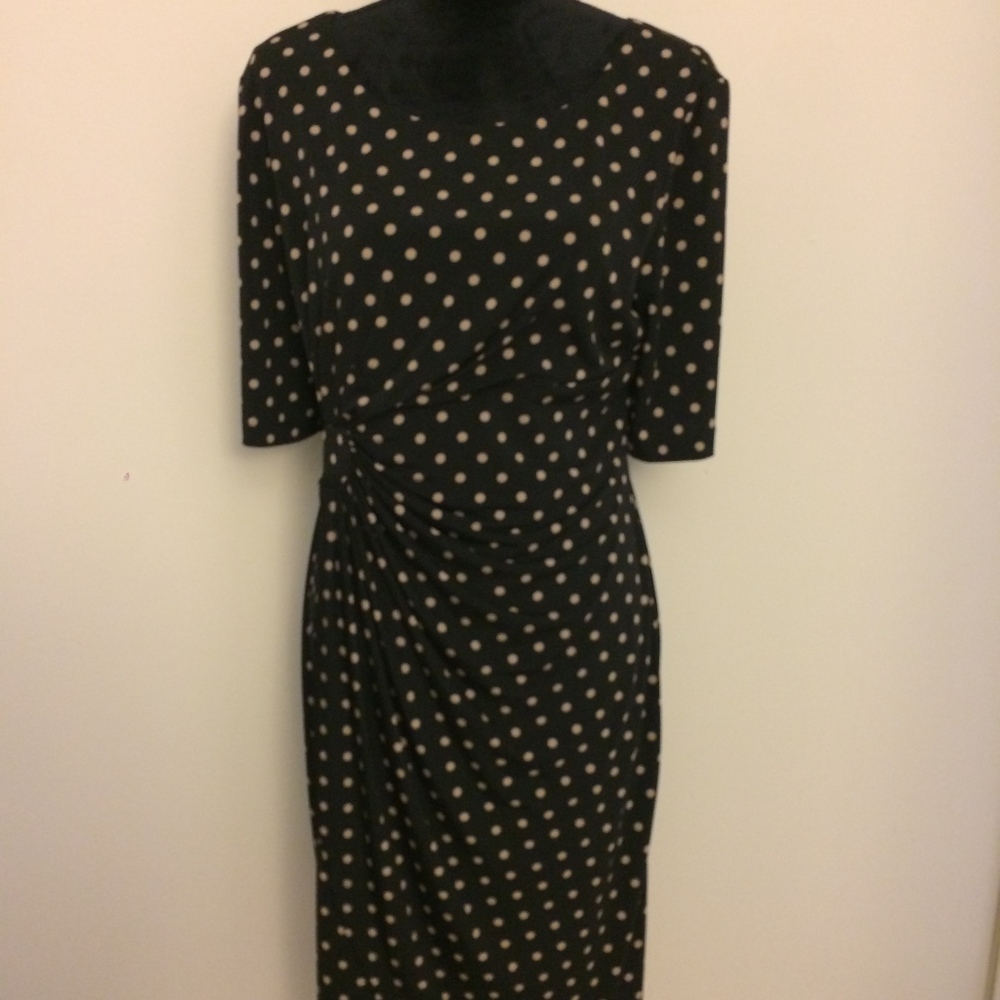 Connected Petite Black and Tan Polka Dot Dress